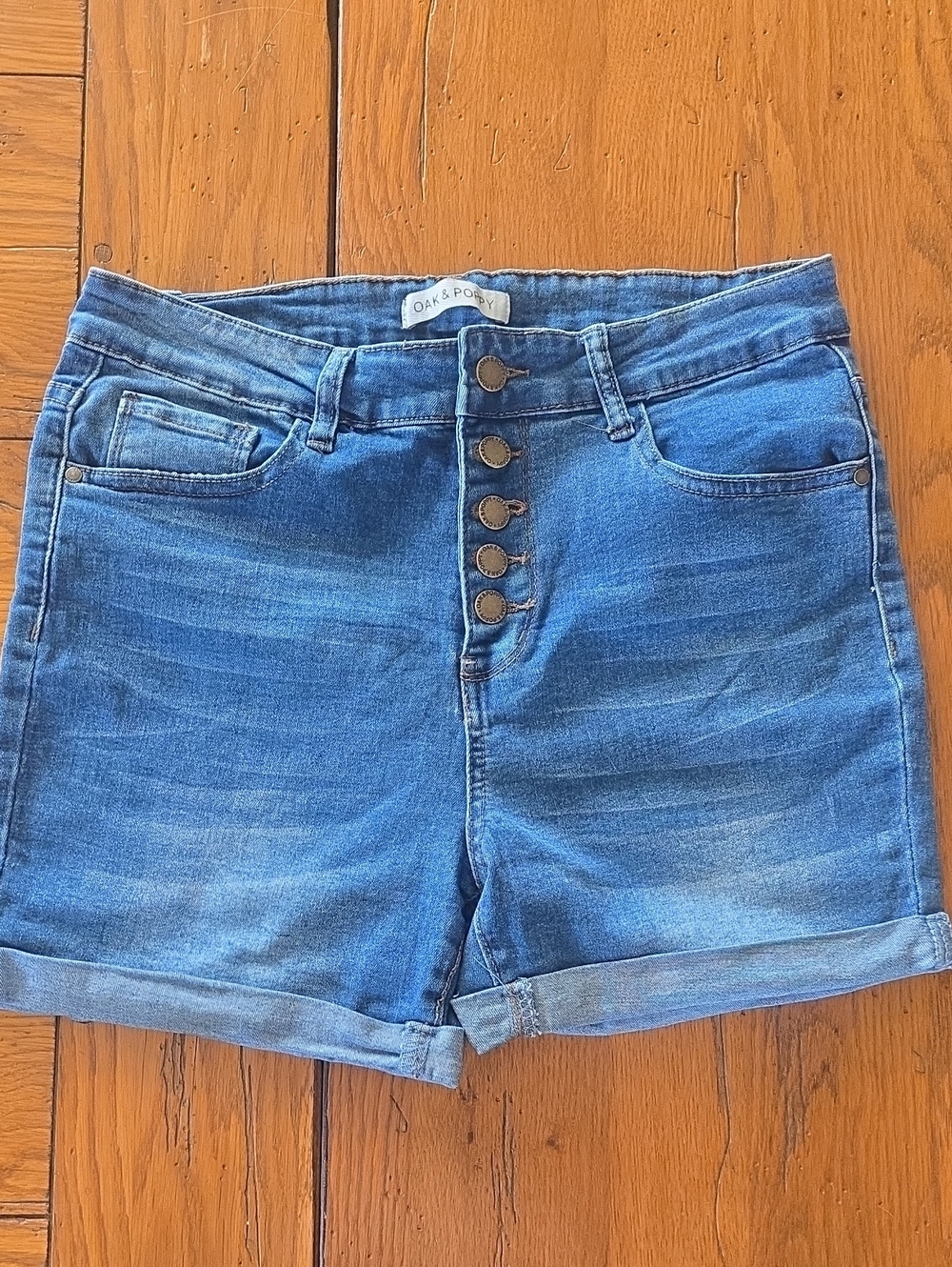 Medium Blue Button-Front Denim Shorts